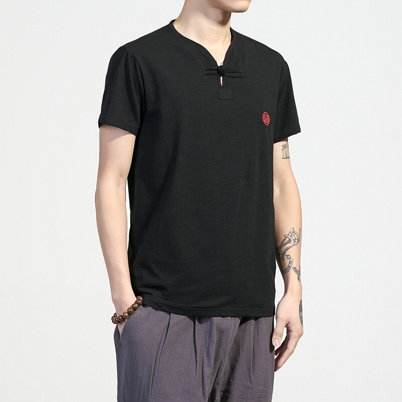 夏季中国风刺绣v领短袖t恤男士大码复古盘扣半袖潮流胖子体恤男装