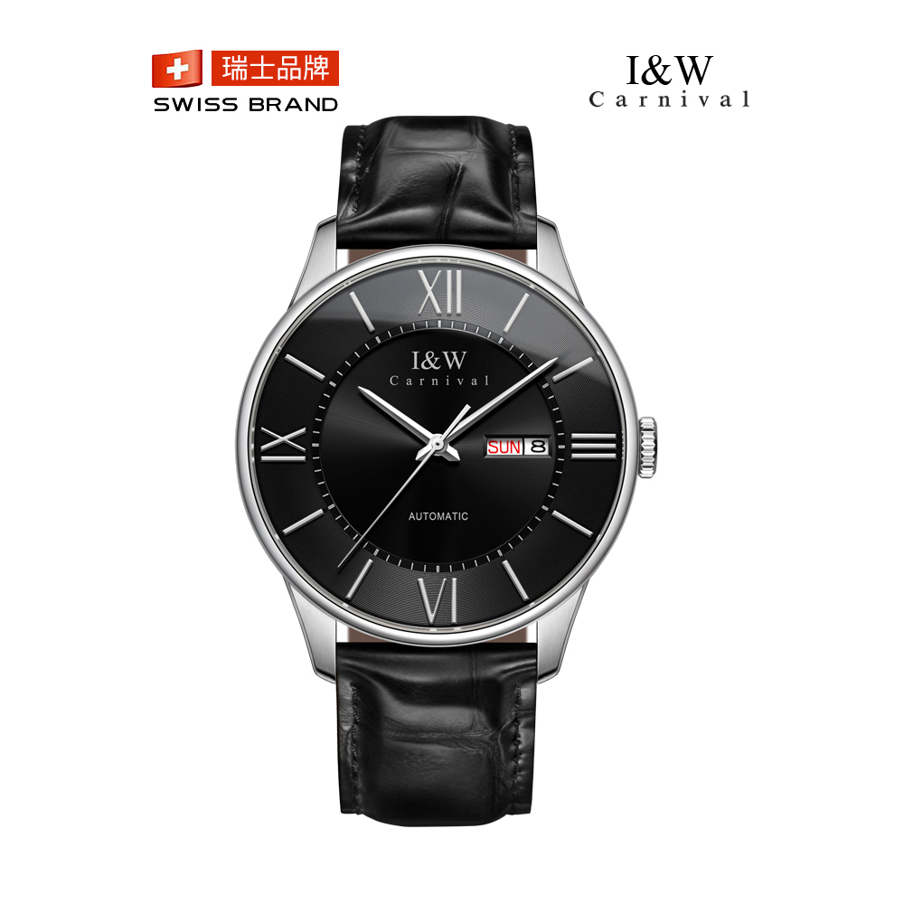 瑞士爱沃驰I&W CARNIVAL镂空全自动机械表 男士手表进口机芯男表纤薄真皮防水双日历腕表蓝宝石镜面8515G 本色黑面黑皮