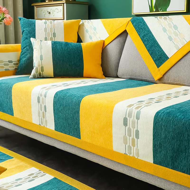 家柏饰(CORATED)北欧四季通用沙发垫防滑简约全包萬能沙发套罩布艺沙发巾沙发盖布 条纹藏青 70*210cm高清大图