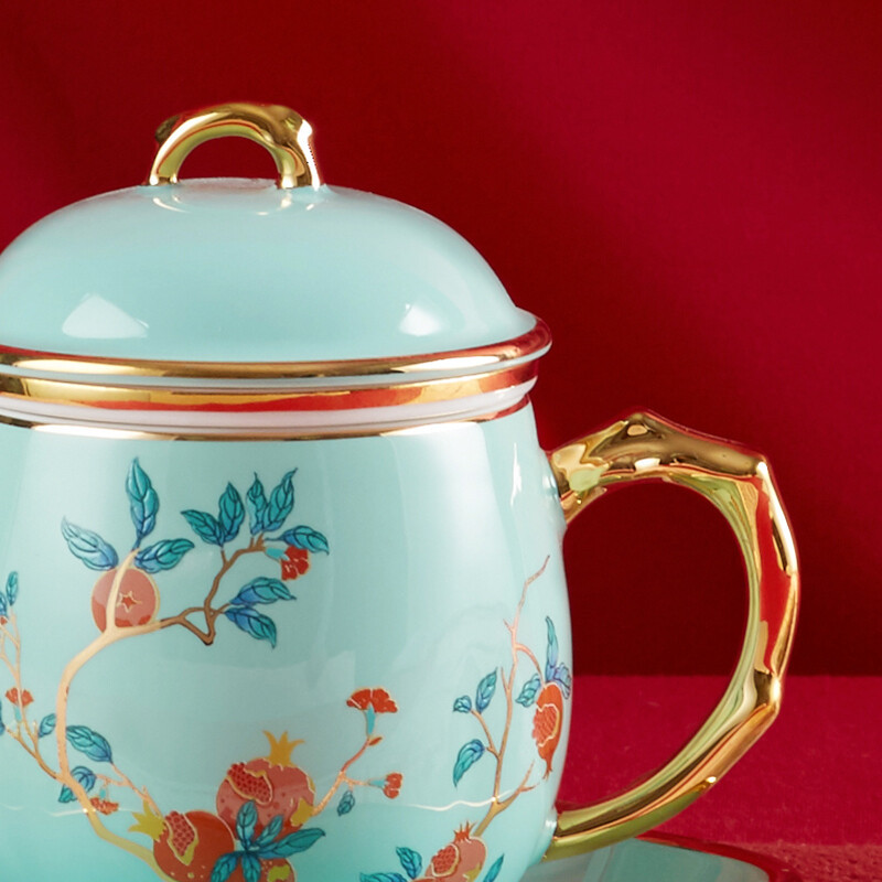 Gao Chun Ceramics 高淳陶瓷杯办公室泡茶陶瓷过滤带盖杯子珐琅描金骨瓷滤茶杯350ml