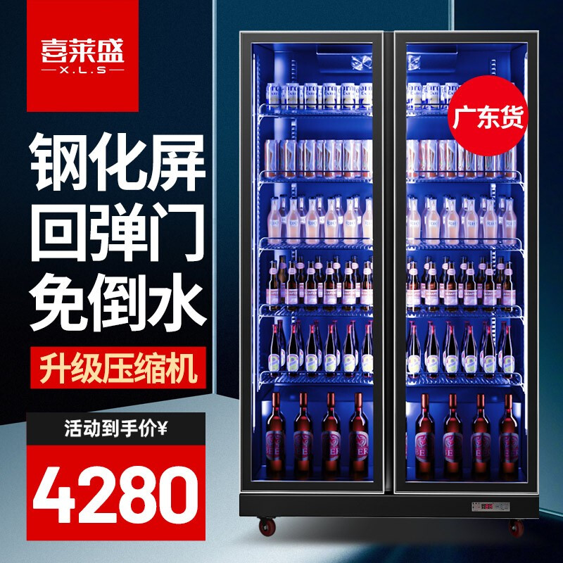 喜莱盛(XLS)啤酒柜展示柜冷藏冰柜商用保鲜柜陈列饮料柜冰箱立式大容量风冷酒吧会所便利店超市 双门蓝光高端风冷