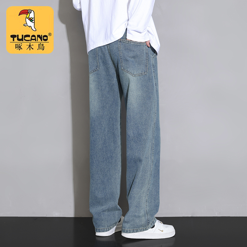 牛仔裤秋冬青少年男生宽松阔腿男士休闲直筒加绒加厚长裤士高清大图