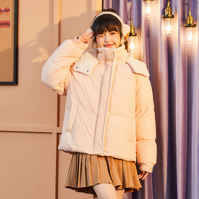 唐狮短款棉服女冬季新款仿羊羔毛拼接棉衣超好看棉袄外套K 淡粉 M