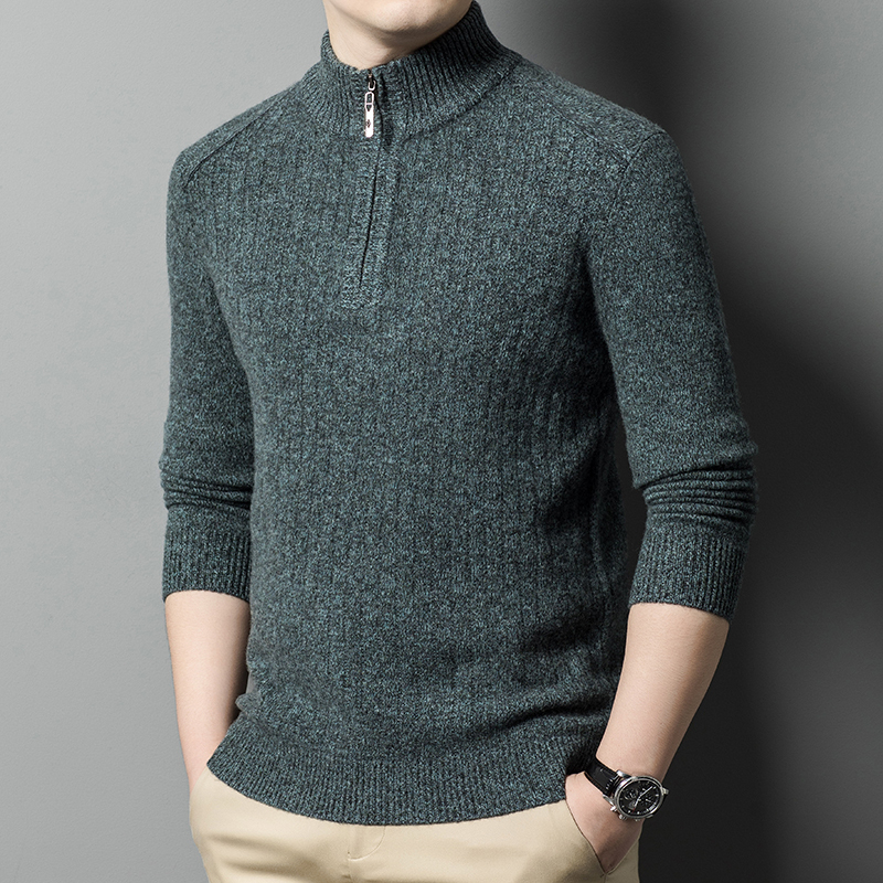 冬装加厚羊绒衫男士100%纯山羊绒秋冬中老年针织打底衫加厚半高领拉链