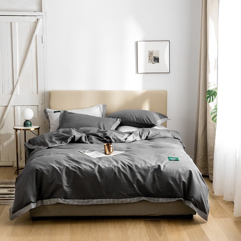 美帮汇款四件套全棉全棉床单布料面料床上用品少女心双人被单简约 醋栗灰千鸟 1.2米床三件套【适合被子尺寸150*200】