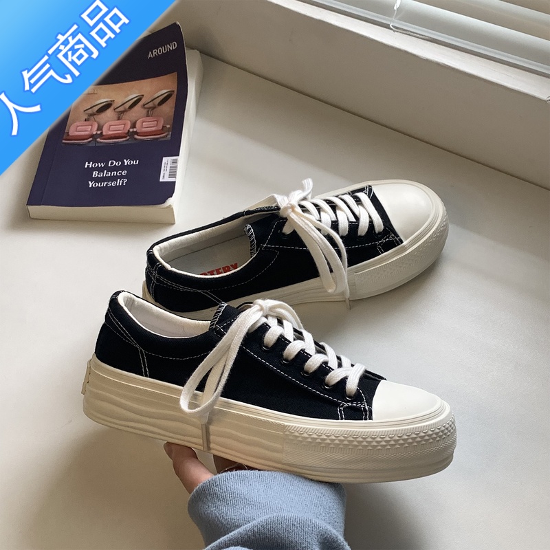 SUNTEK厚底帆布鞋女增高鞋2023新款小众百搭小白鞋复古休闲板鞋ins高清大图