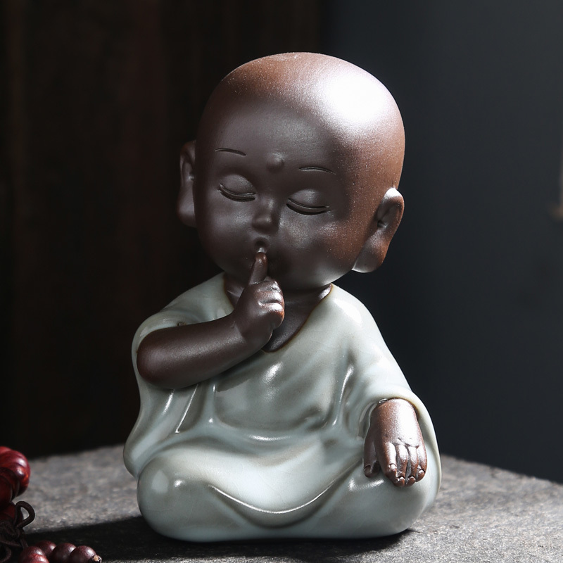 陶瓷汝窑茶宠创意摆件四不小和尚不说不看不听沙弥黑金沙茶盘配件|汝窑(不听)