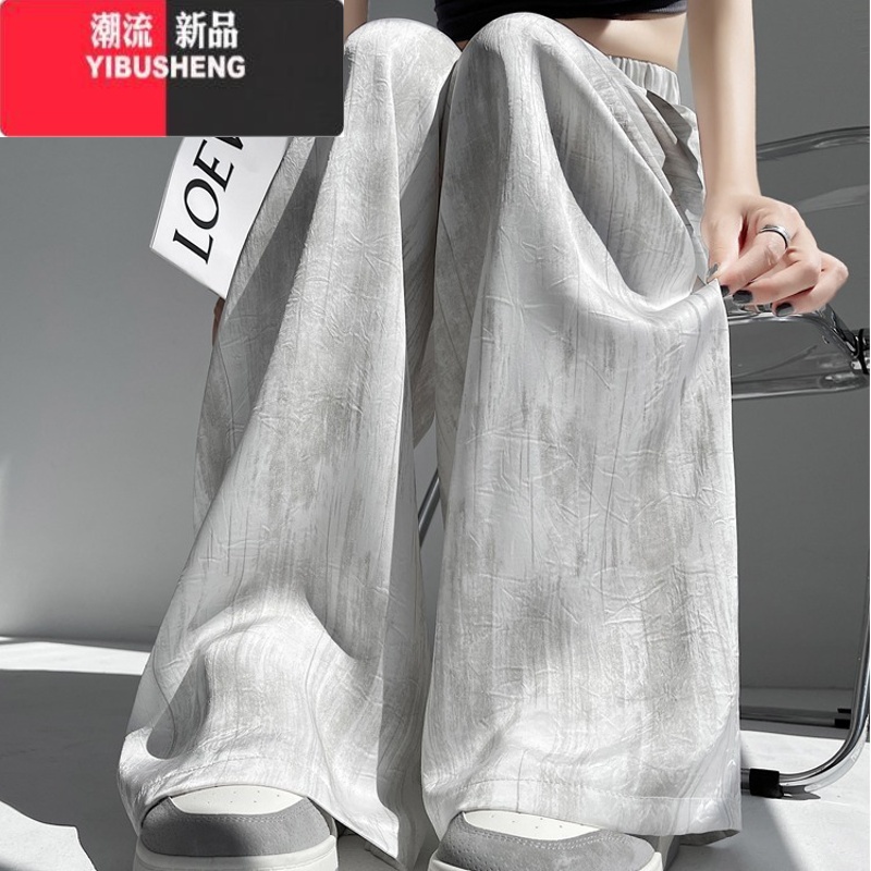 YIBUSHENG醋酸缎面冰丝休闲裤女季薄款复古扎染阔腿裤150cm小个子九分裤高清大图