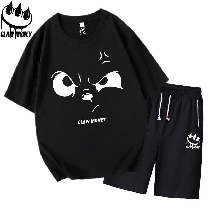 Claw money潮牌短袖T恤套装男纯棉整套青少年短裤宽松大码五分裤