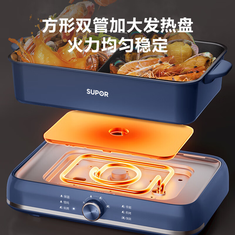苏泊尔 6L鸳鸯电火锅 炖煮涮焗 2000W大火力 3档调节 可分离锅身 不粘电火锅H3724FKX71Y高清大图