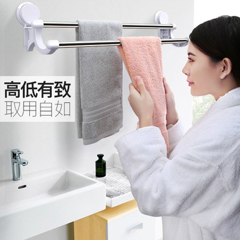 毛巾架免打孔双杆吸盘卫生间厨房浴室毛巾杆抹布架免钉壁式毛巾挂生活家居家装建材五金家装主材厨卫五金挂件毛巾杆
