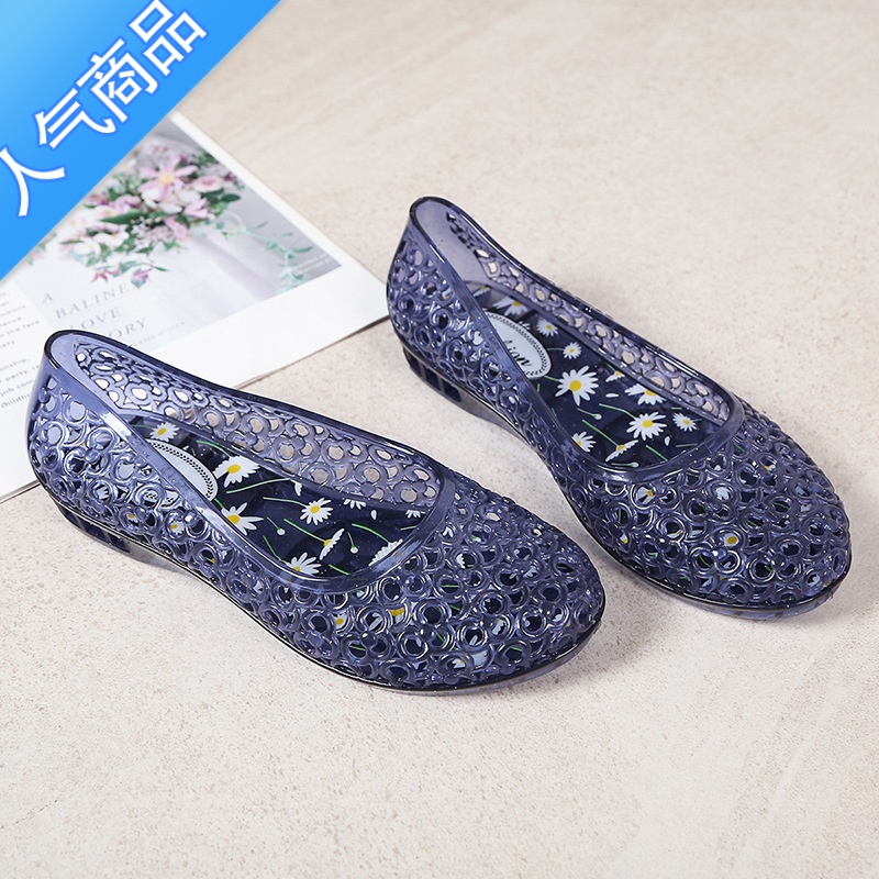 SUNTEK新款水晶凉鞋女夏季包头外穿镂空果冻透明坡跟网红ins潮U跟n红高清大图