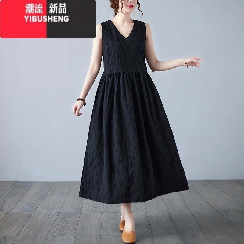 YIBUSHENG吊带长裙季棉麻A字裙胖MM大摆裙提花大码V领无袖背带亚麻连衣裙