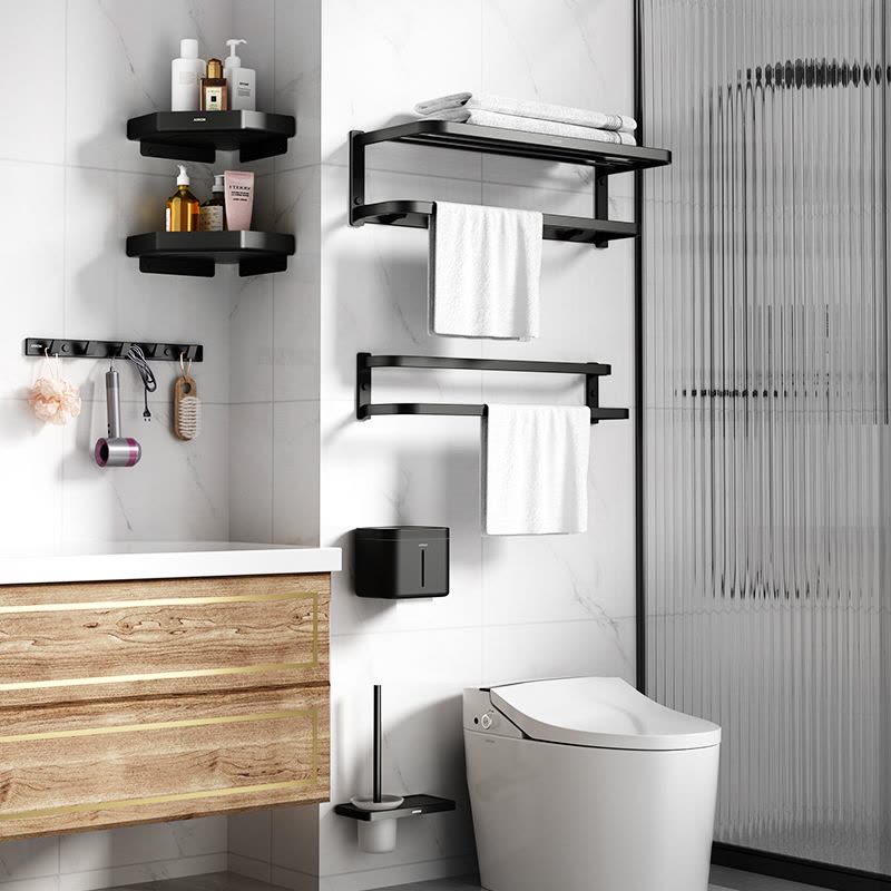 箭牌卫浴(ARROW)毛巾架黑色轻奢浴巾架免打孔壁挂式毛巾架浴室置物架卫浴挂衣钩浴室卫生间置物架三角篮图片