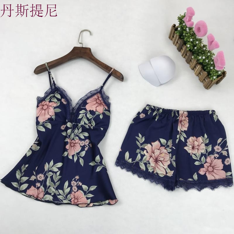 韩版新款春秋女神睡衣女冰丝绸印花两件套露背带短裤家居服夏季