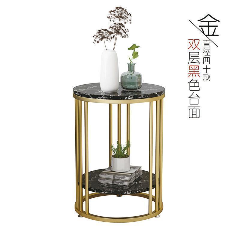 森美人北欧沙发大理石边几角几小茶几边角柜轻奢铁艺金属床头柜收纳客厅 直径40高55【双层黑白根+金色架】