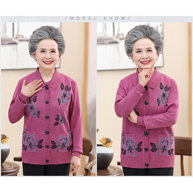 迪鲁奥（DILUAO)中老年人羊毛开衫春秋老人上衣服装毛衣60外套女装70岁80奶奶装50_375 玫红(126开衫) 4XL.建议145斤左右