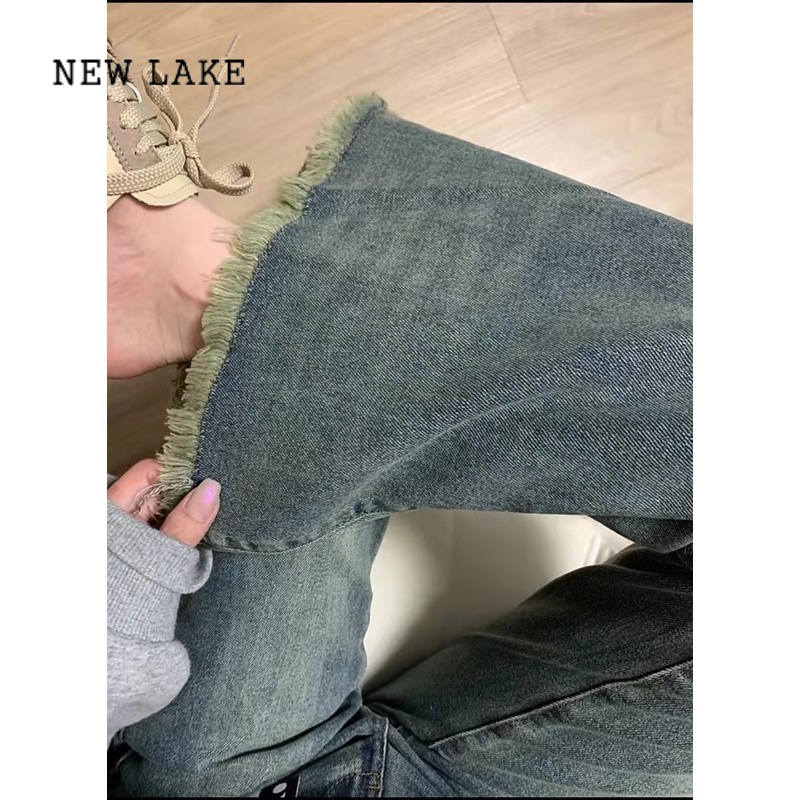 NEW LAKE复古设计感毛边微喇叭牛仔裤女春季高腰辣妹拼接弹力显瘦拖地长裤
