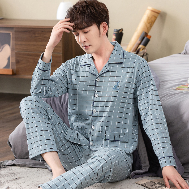 南极人男士睡衣长袖纯棉薄款家居服中年爸爸宽松两件套开衫春秋款