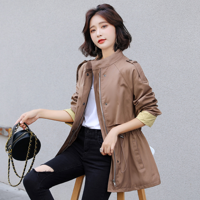 名丽斯风衣2020新款中长款秋季女装韩版时尚洋气抽绳收腰撞色拼接外套