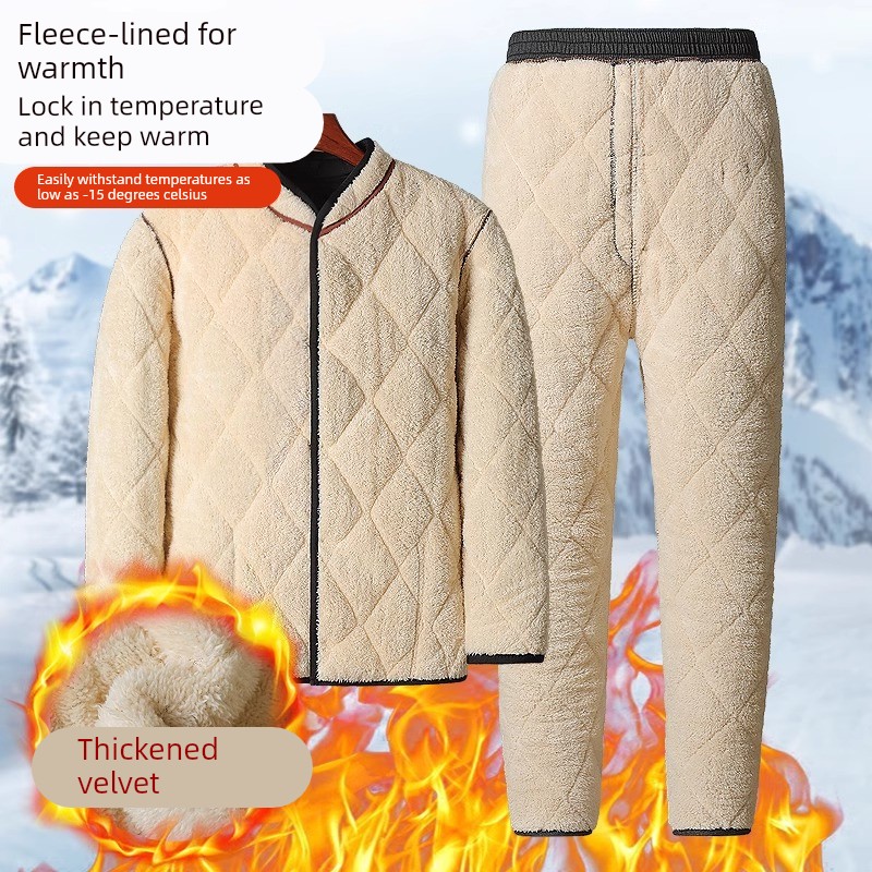 啄木鸟正品中老年人加绒加厚羊羔绒棉衣棉裤套装爸爸保暖防寒棉袄高清大图