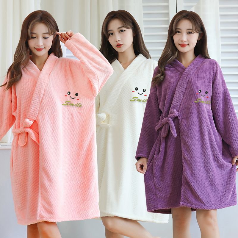 冬季加厚珊瑚绒浴袍菠萝格可穿浴巾加大加厚吸水速干柔软冬季浴裙高清大图