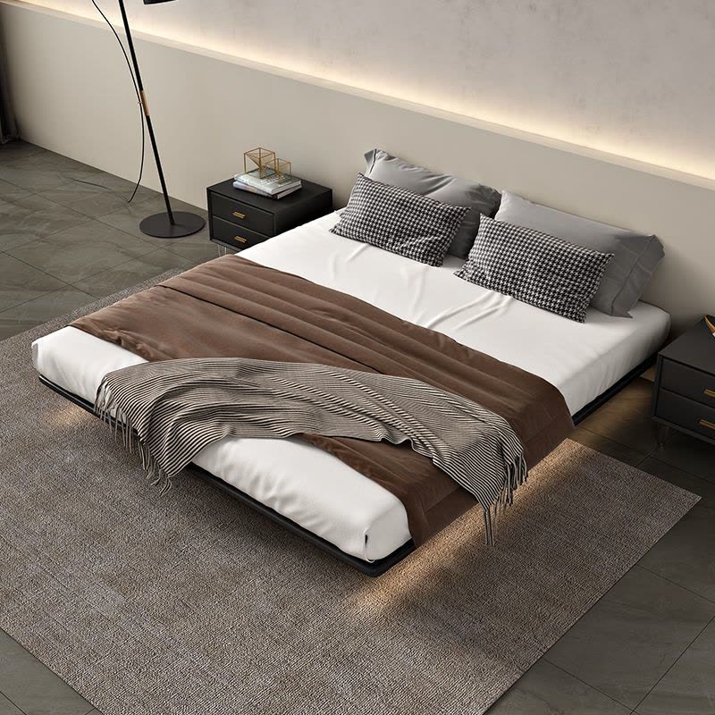 意式极简无床头床悬浮床主卧现代简约带感应灯悬空床架实木床图片