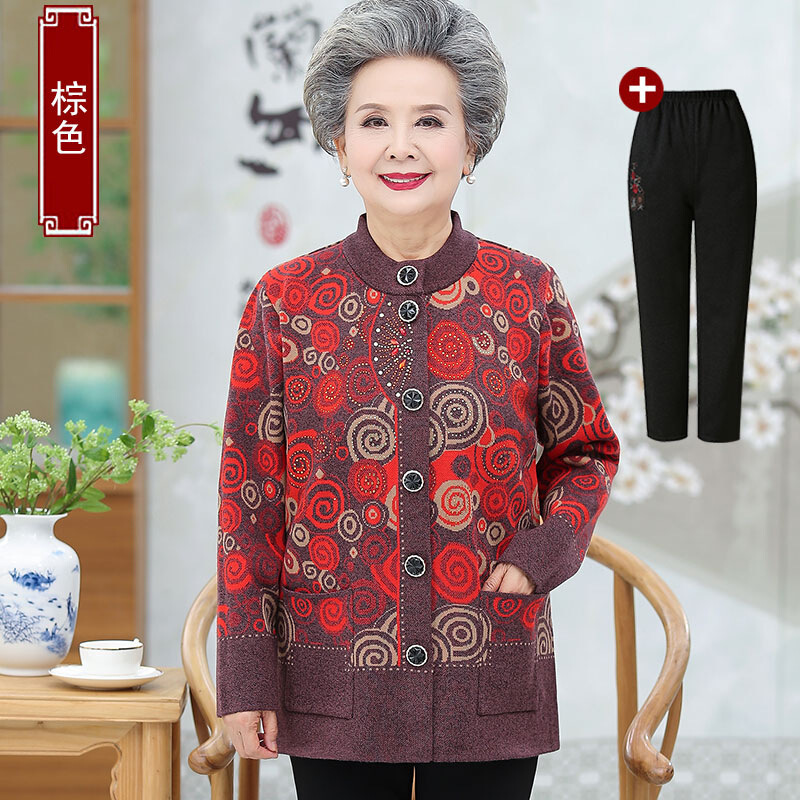 迪鲁奥（DILUAO)轻奢品质中老年人秋装女长袖妈妈两件套奶奶衣服婆婆外衣2019新款洋气上衣_60_292 棕色上衣+春秋长裤 XL建议75-105斤左右详情咨询客服