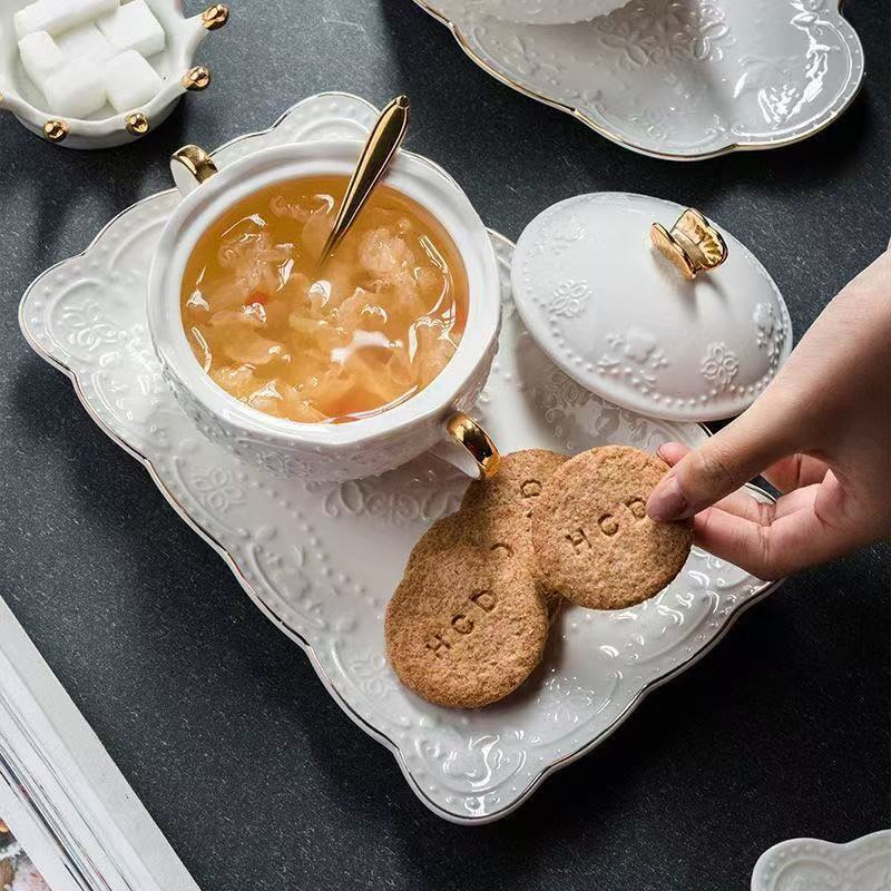 Home glen 陶瓷汤盅隔水带盖小炖罐甜品盅 68号金顶盖碗+长盘+勺 1套高清大图