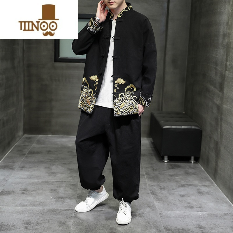 xu唐装棉麻套装中国风男装青年刺绣汉服复古装夹克禅服中式民族服装