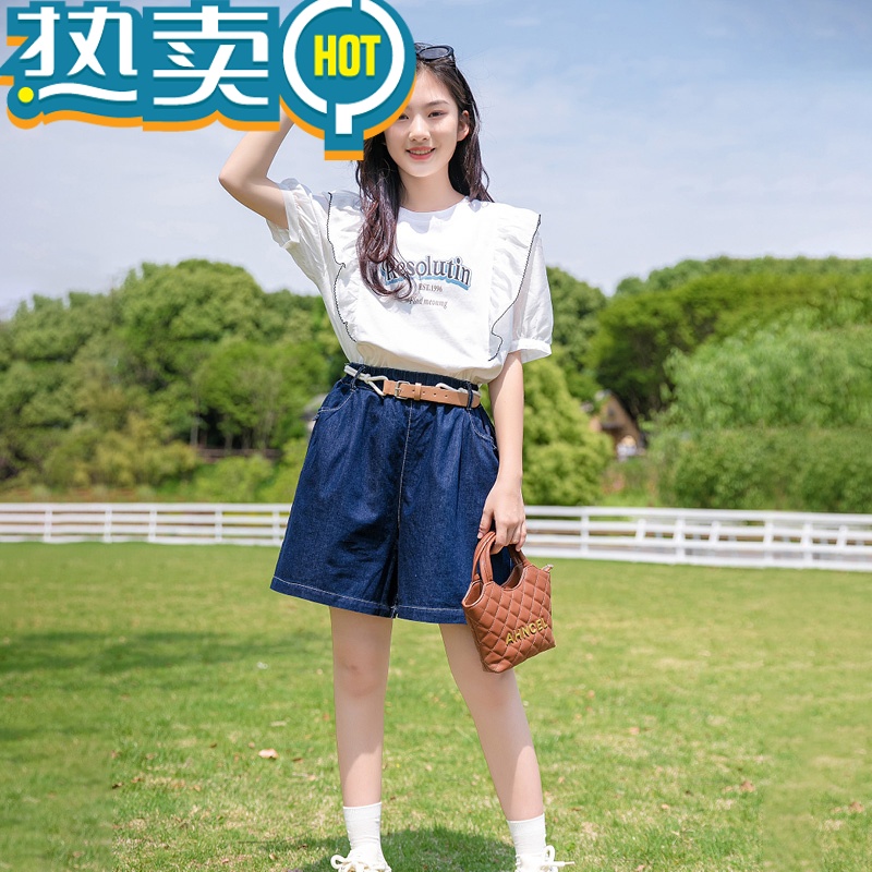 绿彩虹光女大童套装夏季2023新款网红时髦短袖两件套女童夏装牛仔短裤薄款