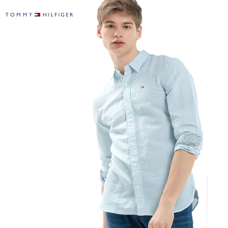 [直营]汤米·希尔费格(TommyHilfiger) 经典商务休闲时尚 四季浅色条纹 男士棉质长袖衬衫 TH88787