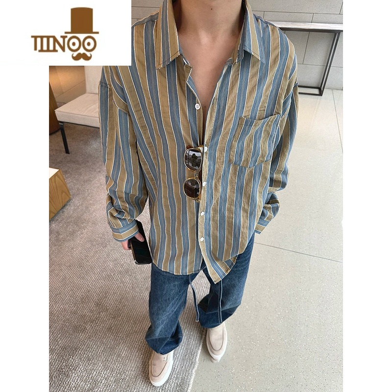 YANXU慵懒条纹轻薄防晒长袖衬衫男美式复古文艺男女潮流中性风入秋衬衣高清大图