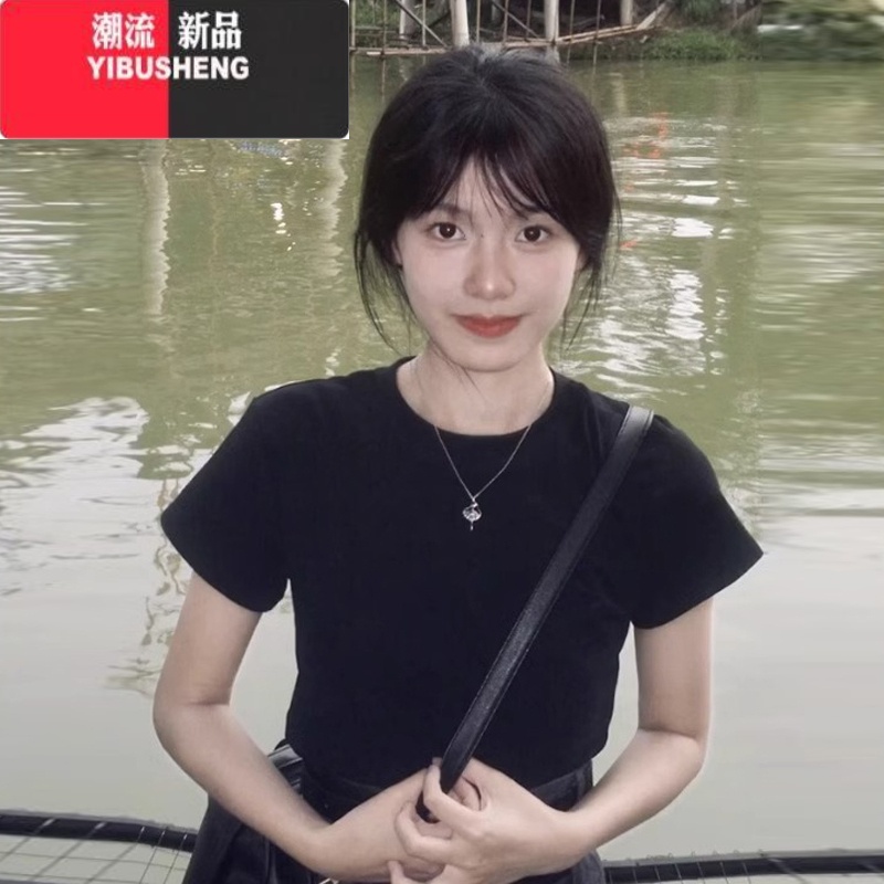 YIBUSHENG美式复古黑色正肩短袖t恤女季2024新款辣妹短款上衣设计感小0高清大图