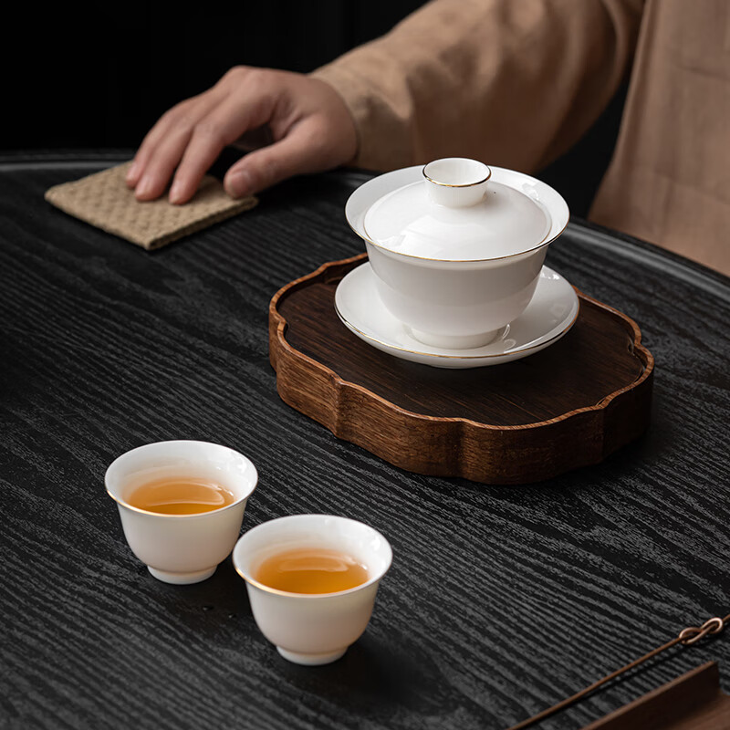 苏氏陶瓷(SUSHI CERAMICS) J129 羊脂玉描金盖碗组 160ml (单位:套)高清大图