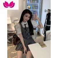 七斓西装学院风套装校服英伦日系韩国韩剧韩式制服jk西服学生女 XL 短袖衬衫+领带+灰色马甲+裙裤