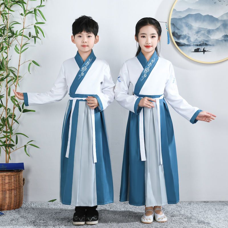 儿童汉服女学生古装国学服男童汉服六一演出服中国风书童表演服装 湖蓝拼接款直袖女 (男女同款) 90