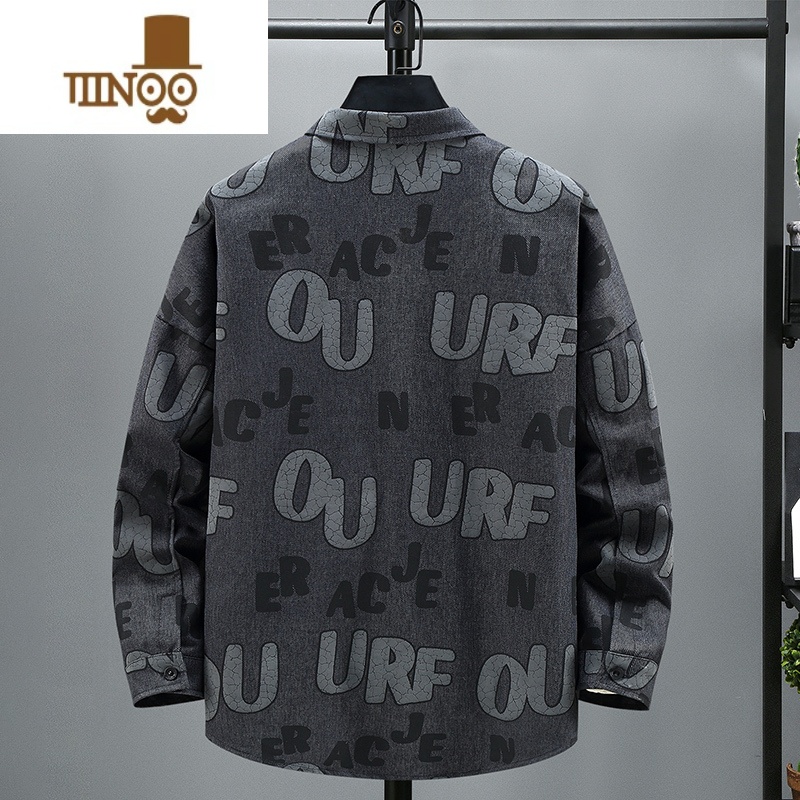 YANXU男士新款衬衫外套时尚大码男装宽松休闲潮牌牛仔夹克男加肥加大号高清大图