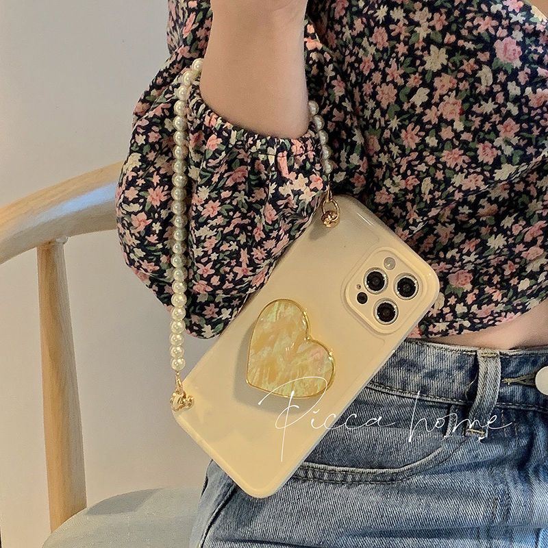 爱心支架iPhone12手机壳苹果11promax手链x/xr/xs软壳7/8plus女11 米底金色石纹爱心支架+珍珠