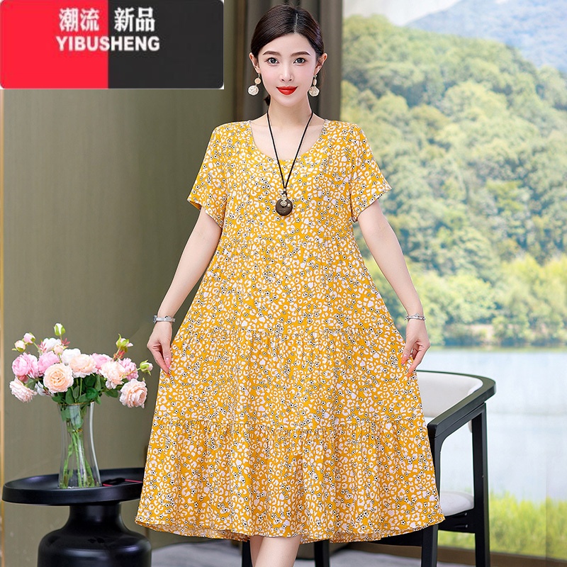 YIBUSHENG棉绸连衣裙女季大码时尚年轻妈妈装气质甜美孕妇碎花中装妈气裙 3XL建议130-145斤 216#3号