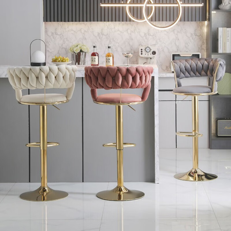 科野 吧台椅 凳子北欧现代简约高脚椅子酒吧椅铁艺高脚椅凳高靠背 [钛金米白色]绒布软包高清大图