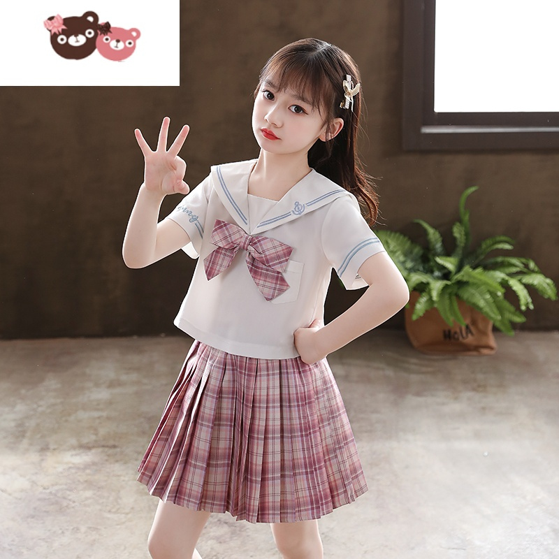 绿彩虹光女童jk制服裙子夏季小学生连衣裙儿童装学院风套装女孩百褶裙
