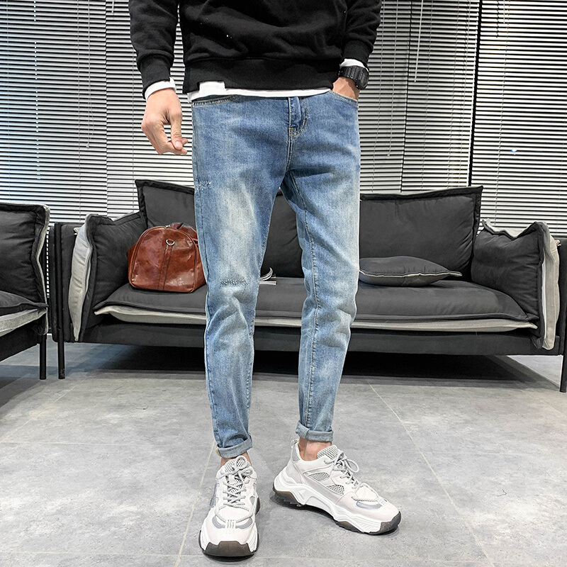 梵克公牛春夏季新款2021男士潮牌牛仔裤男韩版浅色时尚百搭小脚休闲男