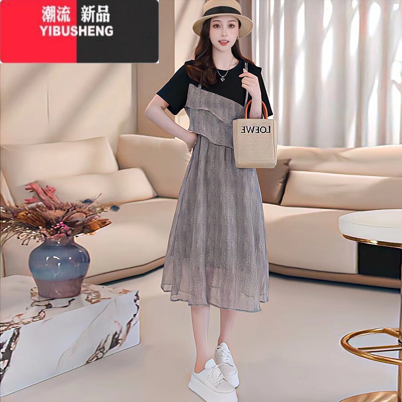 YIBUSHENG假两件连衣裙女季新款韩版小众设计拼接T恤气质显瘦减龄中长裙 灰色 3XL建议145斤-160斤