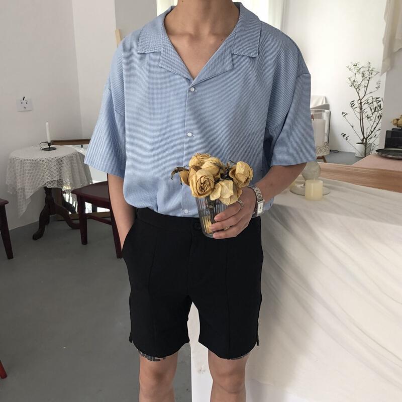韩领复细格纹休闲宽松短袖衬衫男款