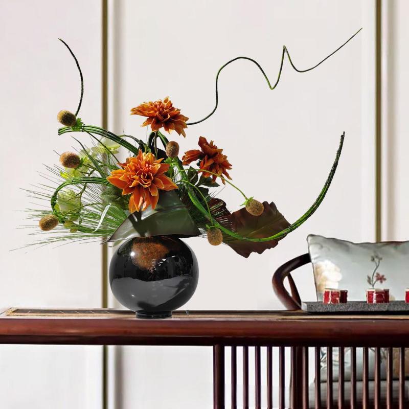 小窝厘 现代花艺仿真绿植盆景新中式售楼处客厅玄关样板房摆件 (陶瓷花器+仿真花)货号1454*高清大图
