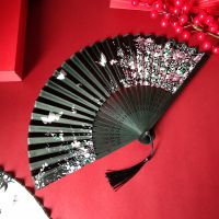 日式折扇中国风女式扇子白鹤绢扇和风工艺复古风折叠随身小扇女扇 蝴蝶纷飞黑黑骨 无扇套