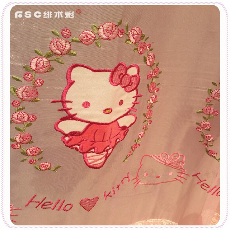 FSC绯术彩进口粉色KT公主风窗帘hellokitty女孩房绣花凯蒂猫窗纱