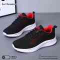 La Chessiers户外跑步鞋飞织弹力网面男鞋2025春夏季新款百搭透气运动休闲鞋子 黑红 44码