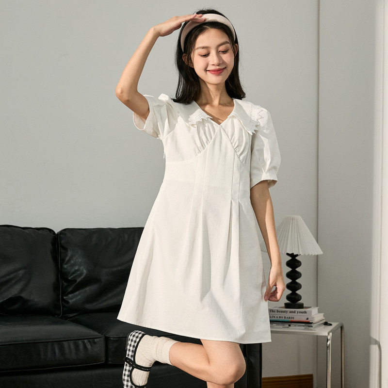 [2.5折价146元]唐狮连衣裙女夏季花边翻领气质淑女风小白裙收腰显瘦百搭